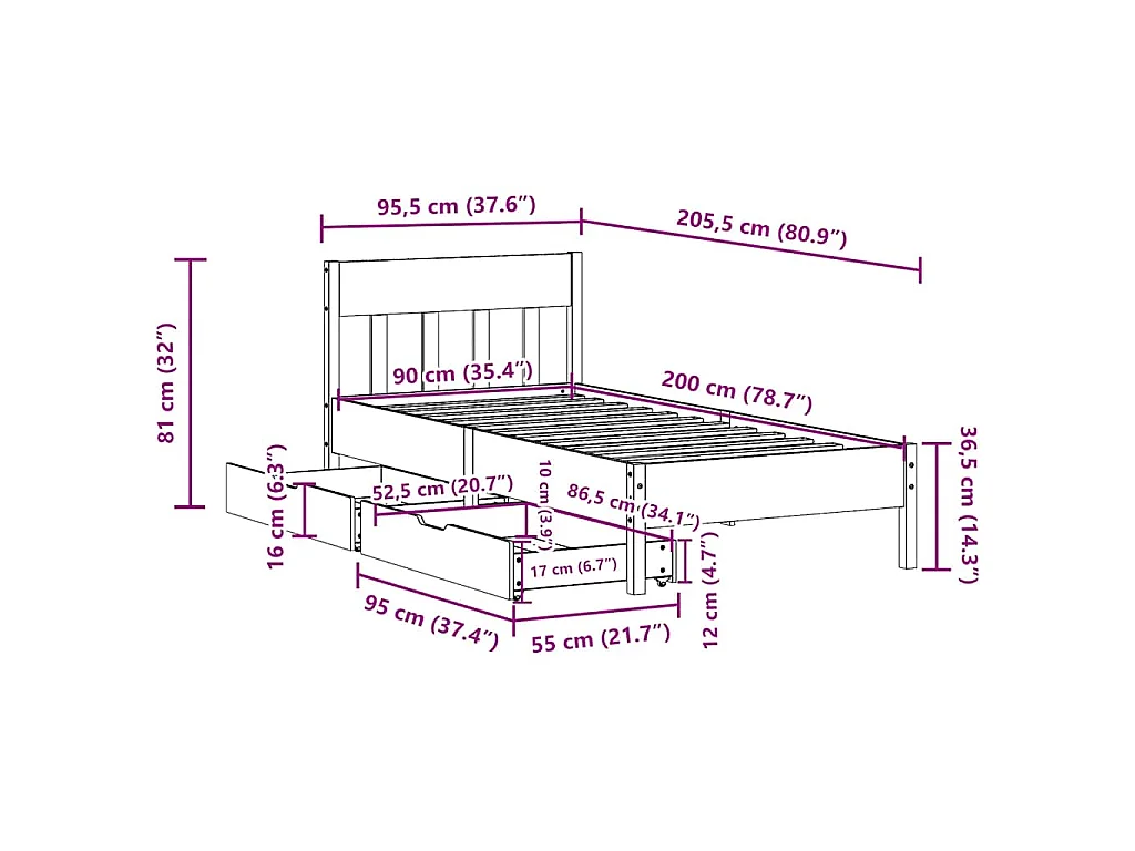 Cadre de lit sans matelas blanc 90x200 cm bois de pin massif