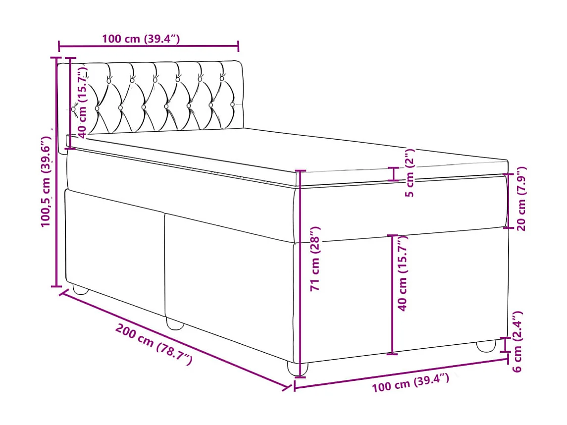 Cama box spring con colchón tela negro 100x200 cm