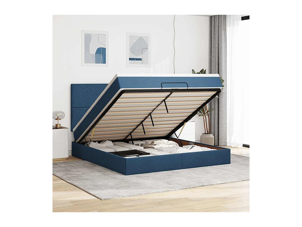 Cadre de lit ottoman avec matelas bleu 180x200 cm tissu