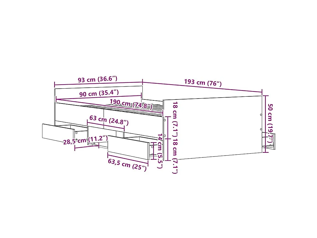 Bedframe met lade Zwart Eiken 193 x 93 x 50 cm Bewerkt hout