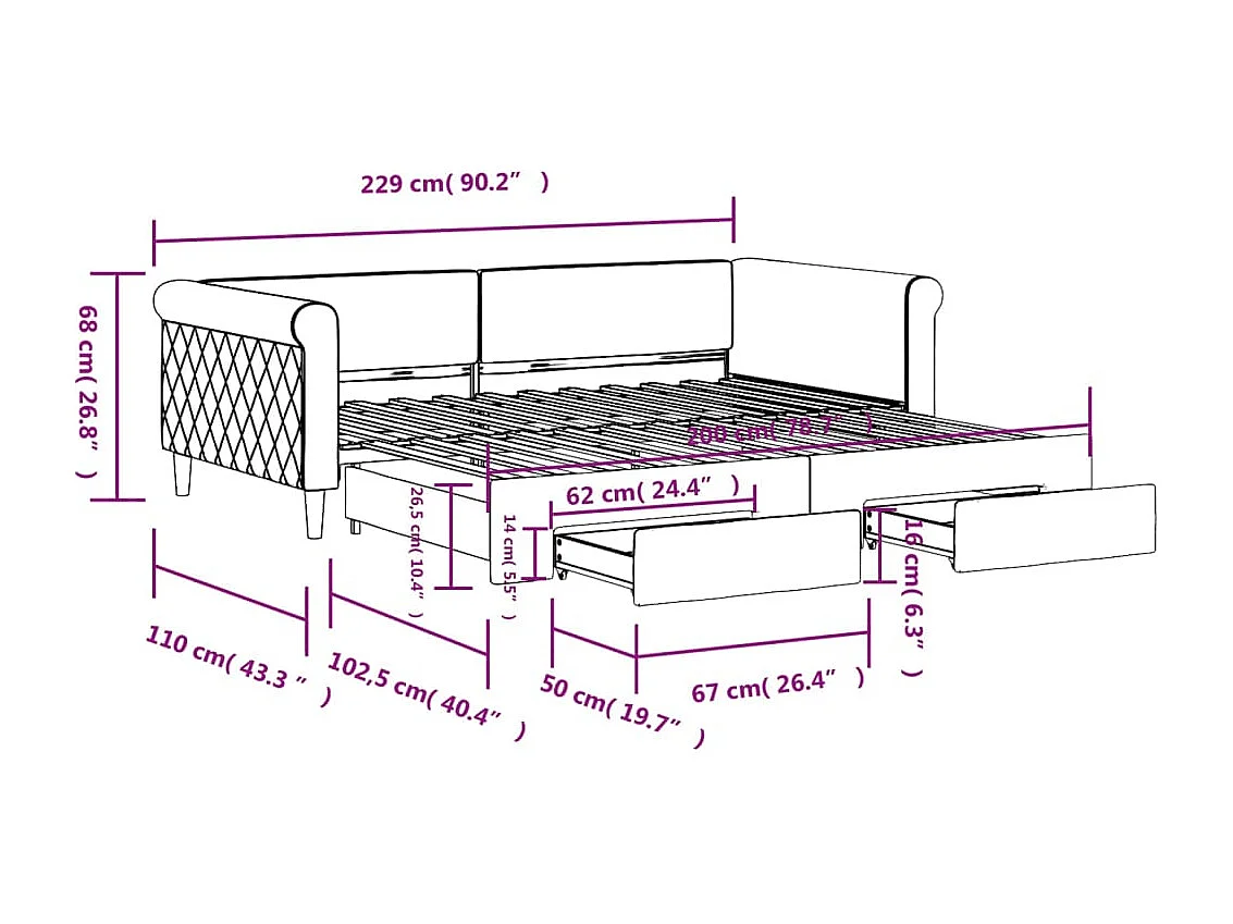 Tagesbett Ausziehbar mit Schubladen Blau 100x200 cm Samt