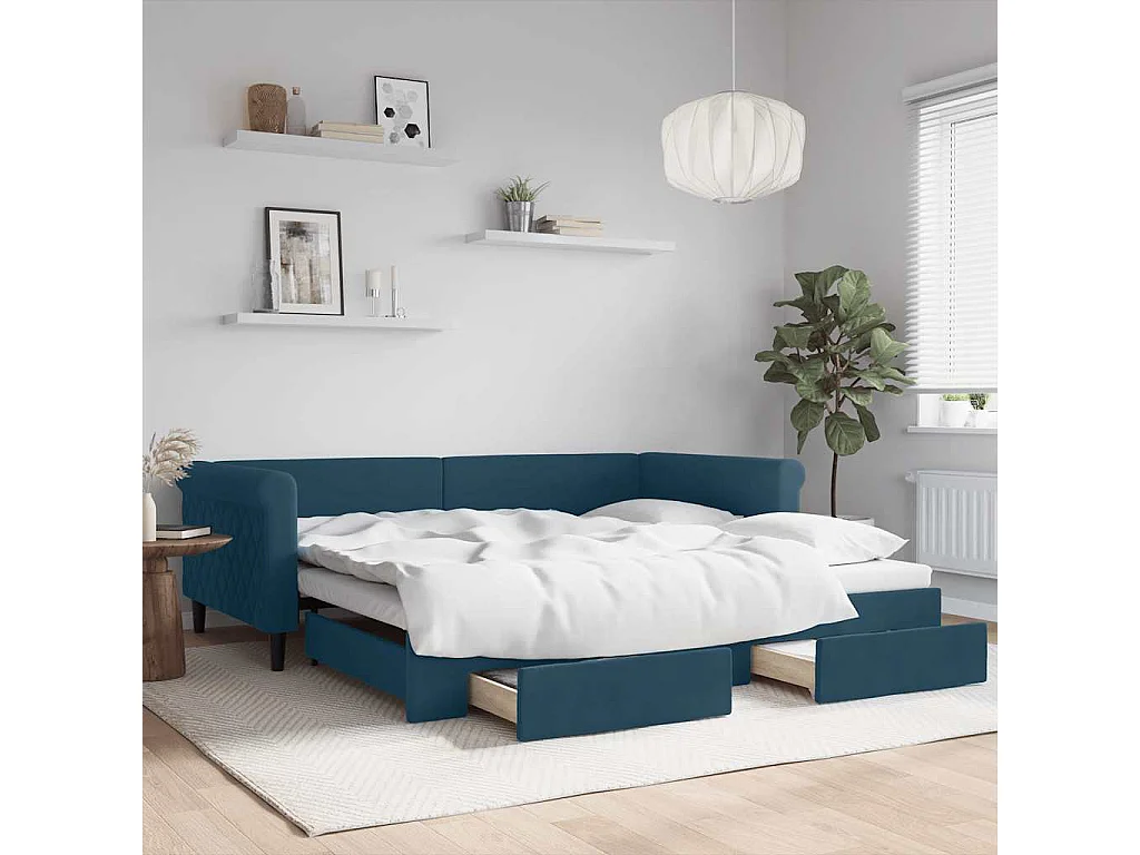 Divano Letto Estraibile con Cassetti Blu 100x200 cm in Velluto