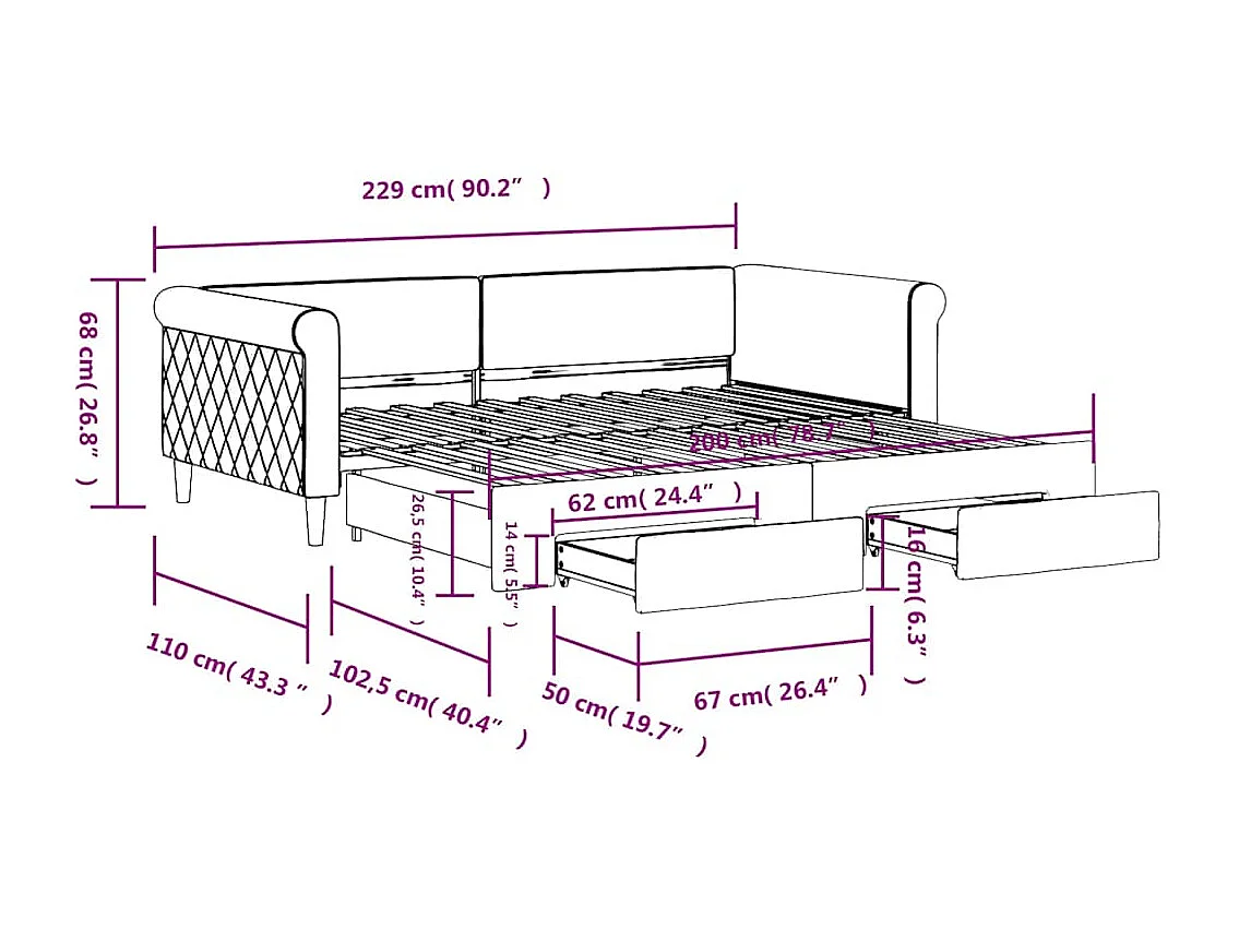 Divano Letto Estraibile con Cassetti Blu 100x200 cm in Velluto