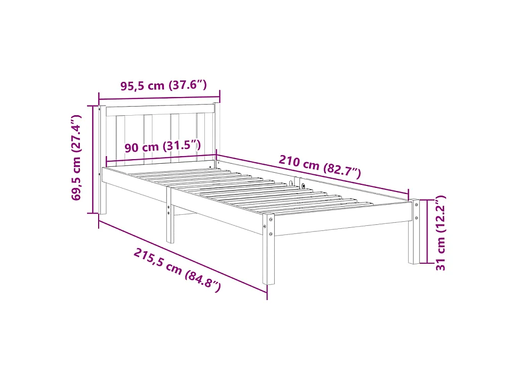 Cadre de lit extra long sans matelas 90x210 cm bois massif pin