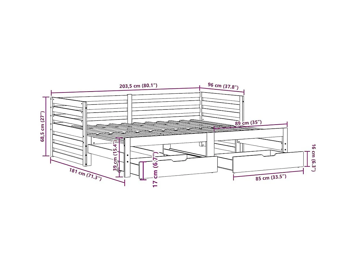 Lit de jour et tiroirs sans matelas blanc 90x200 cm bois massif