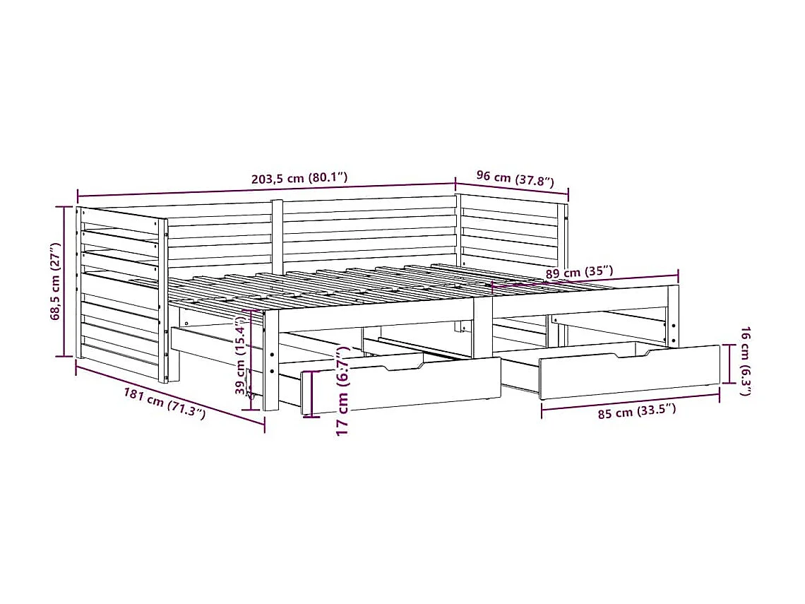 Lit de jour et tiroirs sans matelas blanc 90x200 cm bois massif