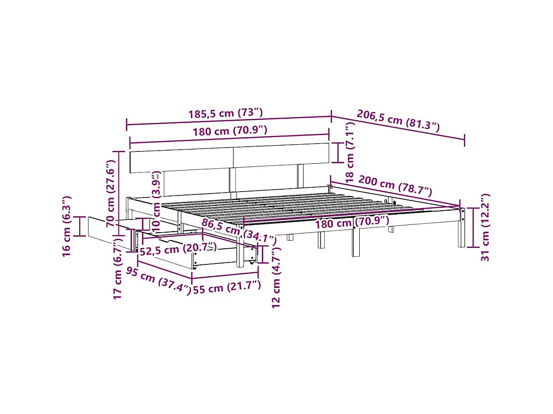 Cadre de lit sans matelas 180x200 cm bois massif de pin