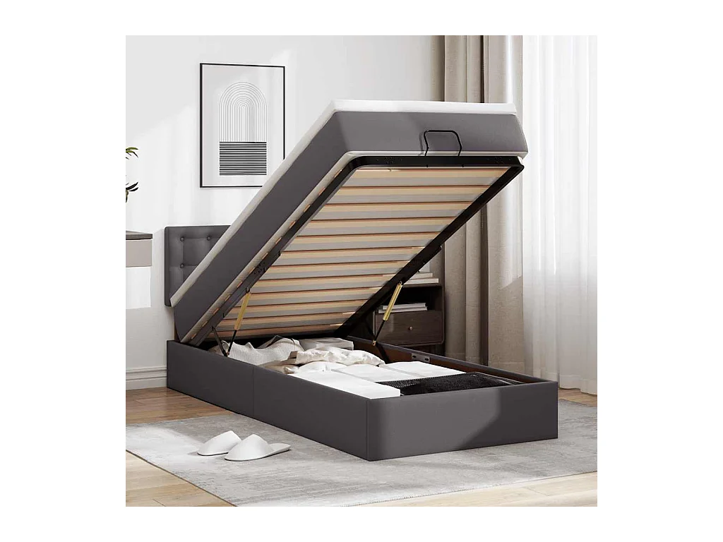 Lit ottoman avec matelas gris 90x200 cm similicuir
