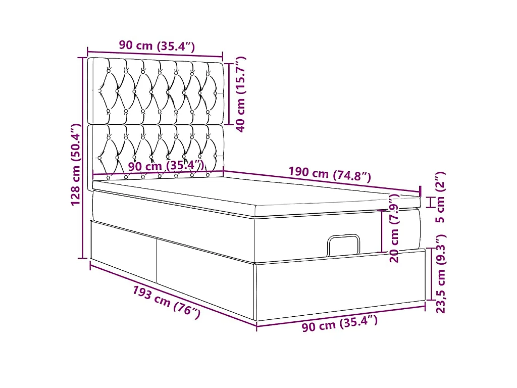 Cadre de lit ottoman avec matelas gris foncé 90x190 cm velours