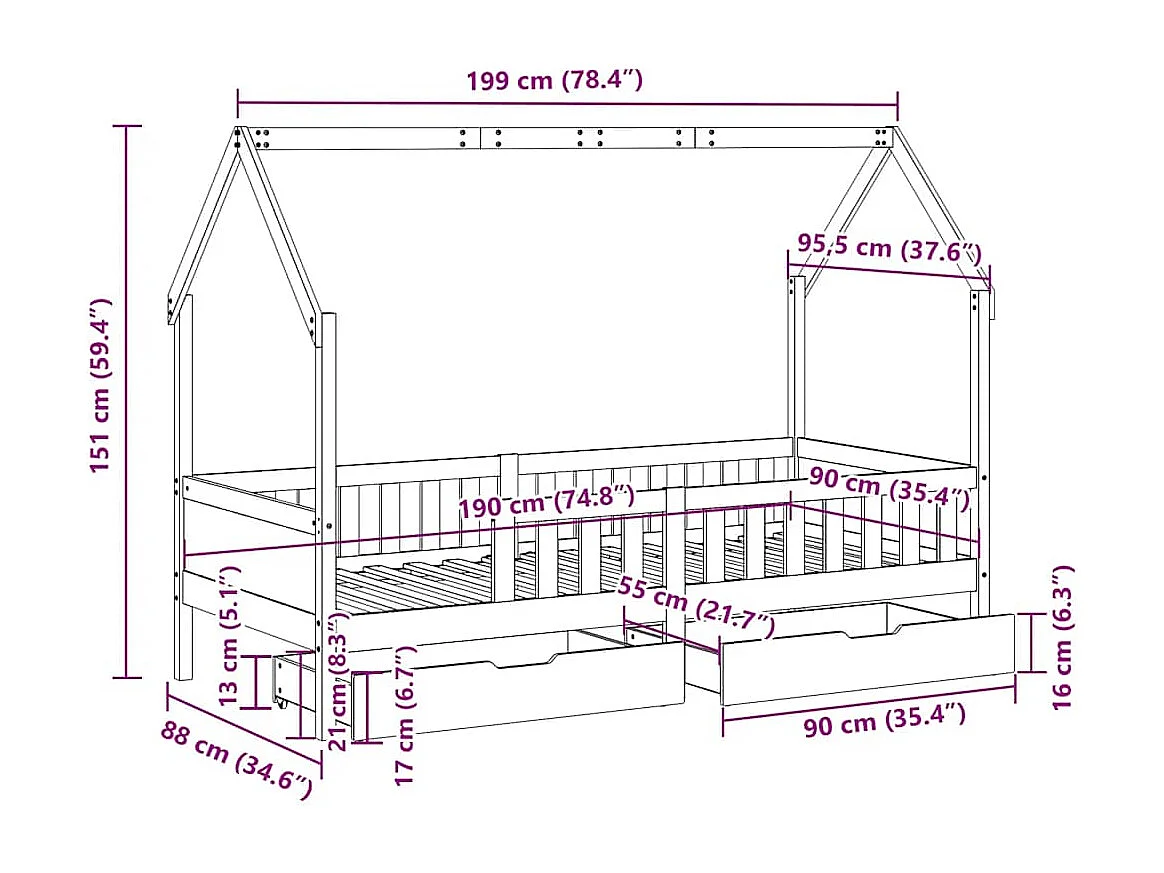 Cadre de lit enfants avec tiroirs sans matelas 90x190 cm bois