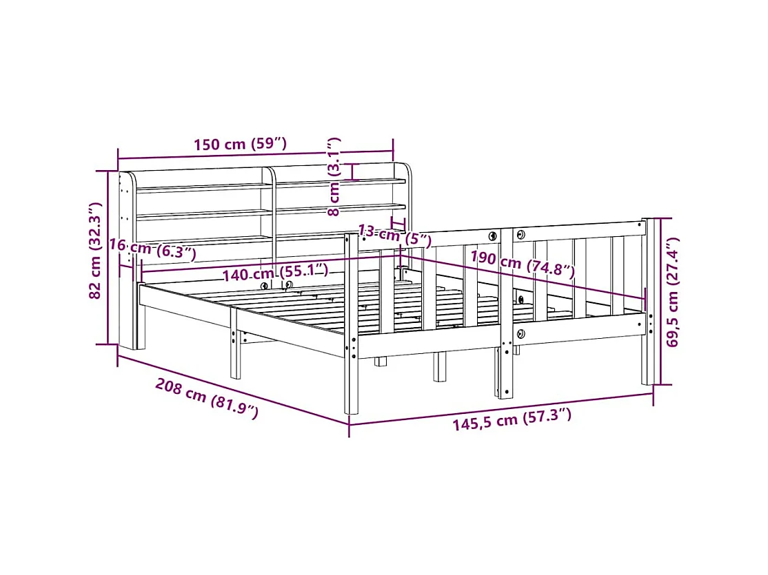Bedframe zonder matras massief grenenhout wit 140x190 cm
