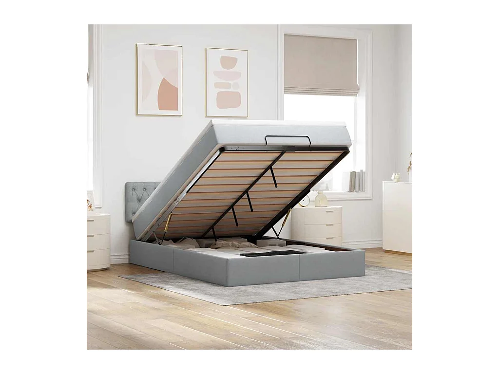 Ottoman-Bett mit Matratze & LEDs Hellgrau 140x200 cm Stoff