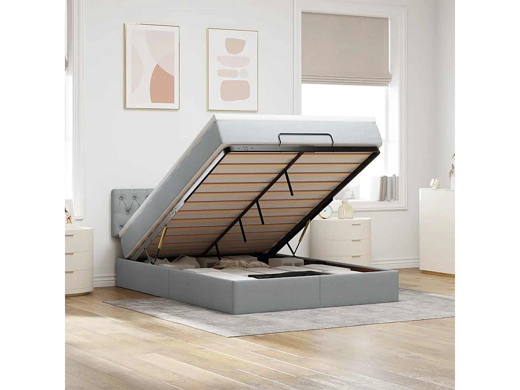 Ottoman bed met matras en LED's 140x200cm stof lichtgrijs
