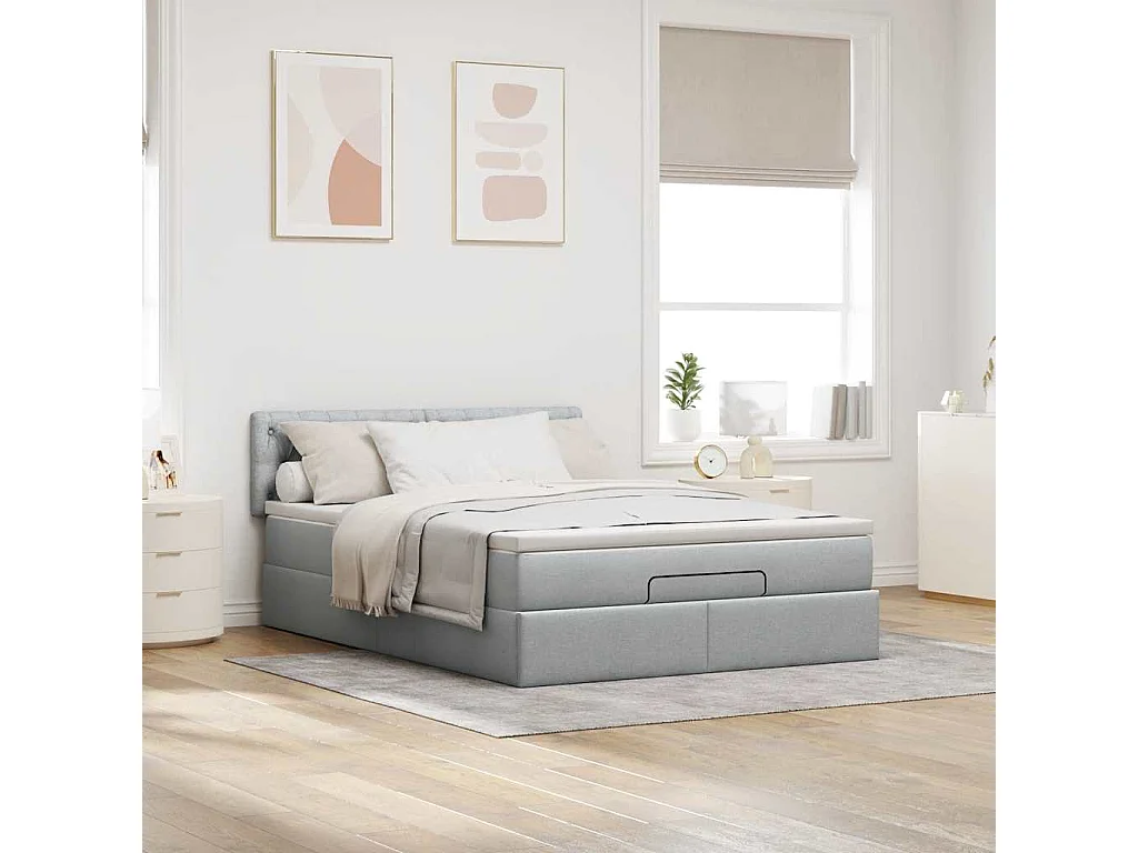 Ottoman bed met matras en LED's 140x200cm stof lichtgrijs