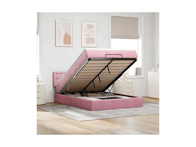 Struttura Letto Pouf con Materasso Rosa 140x200 cm in Velluto