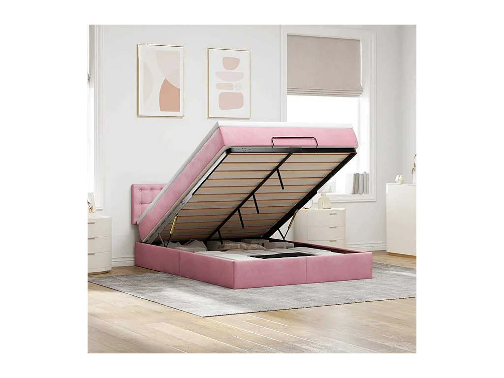 Cadre de lit ottoman avec matelas rose 140x200 cm velours