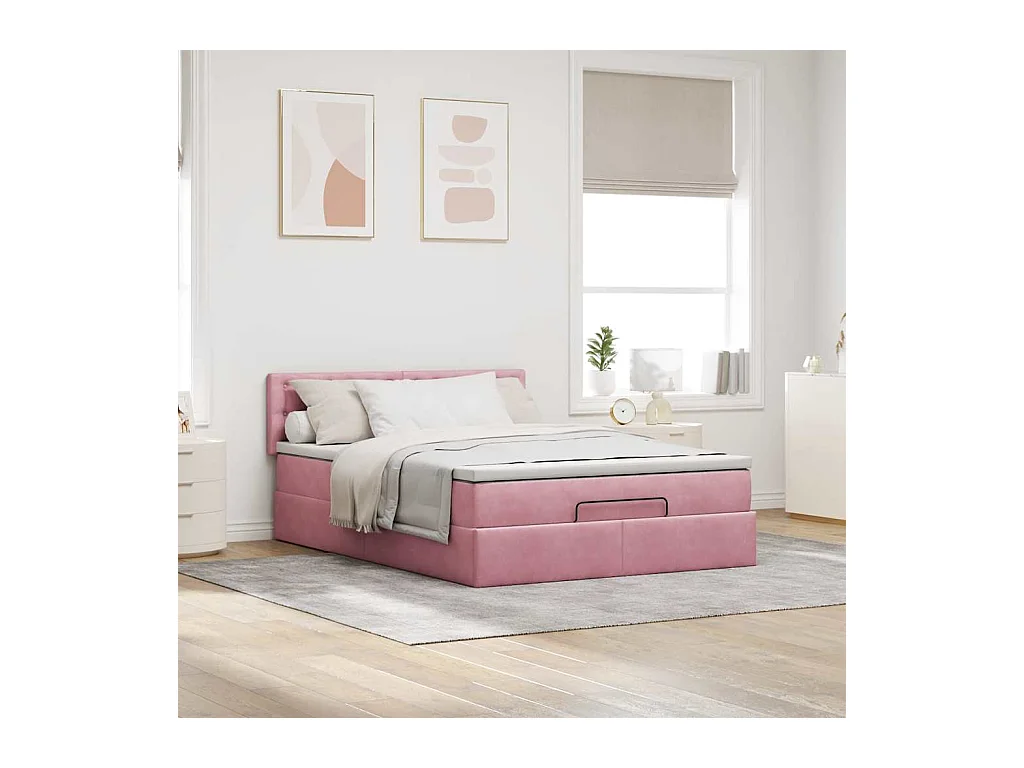 Cadre de lit ottoman avec matelas rose 140x200 cm velours