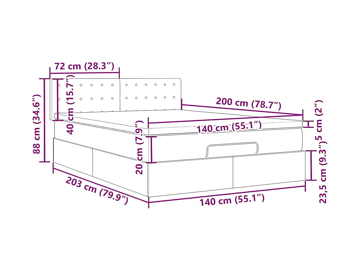 Struttura Letto Pouf con Materasso Rosa 140x200 cm in Velluto