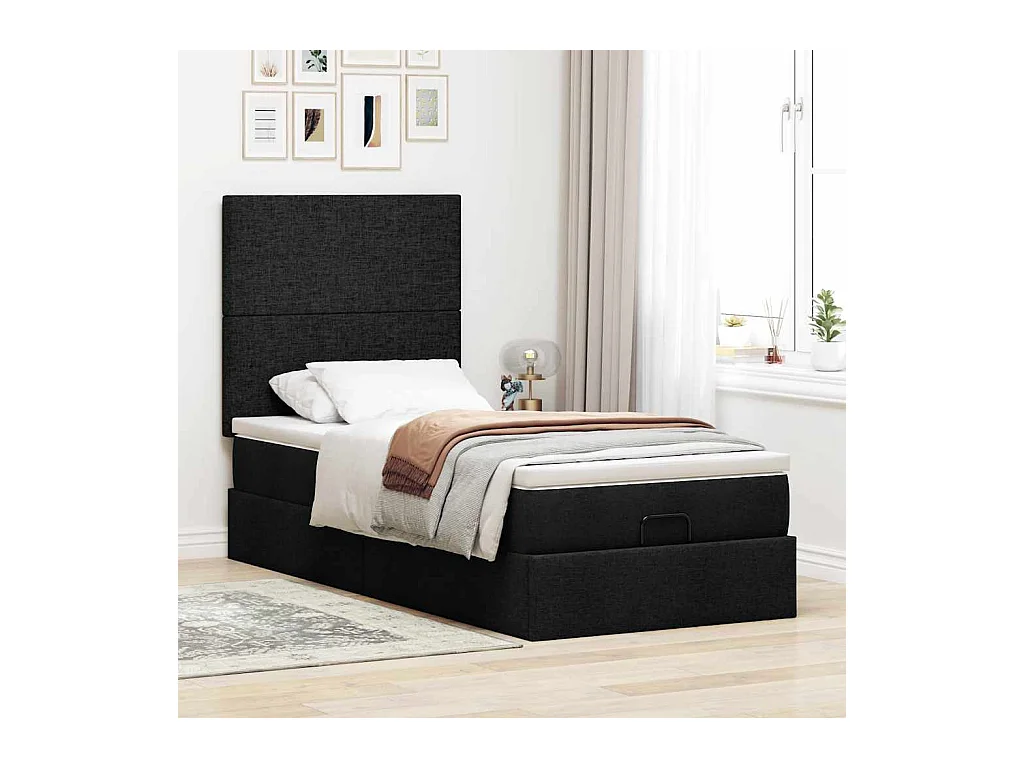 Struttura Letto Pouf con Materasso Nero 90x200 cm in Tessuto