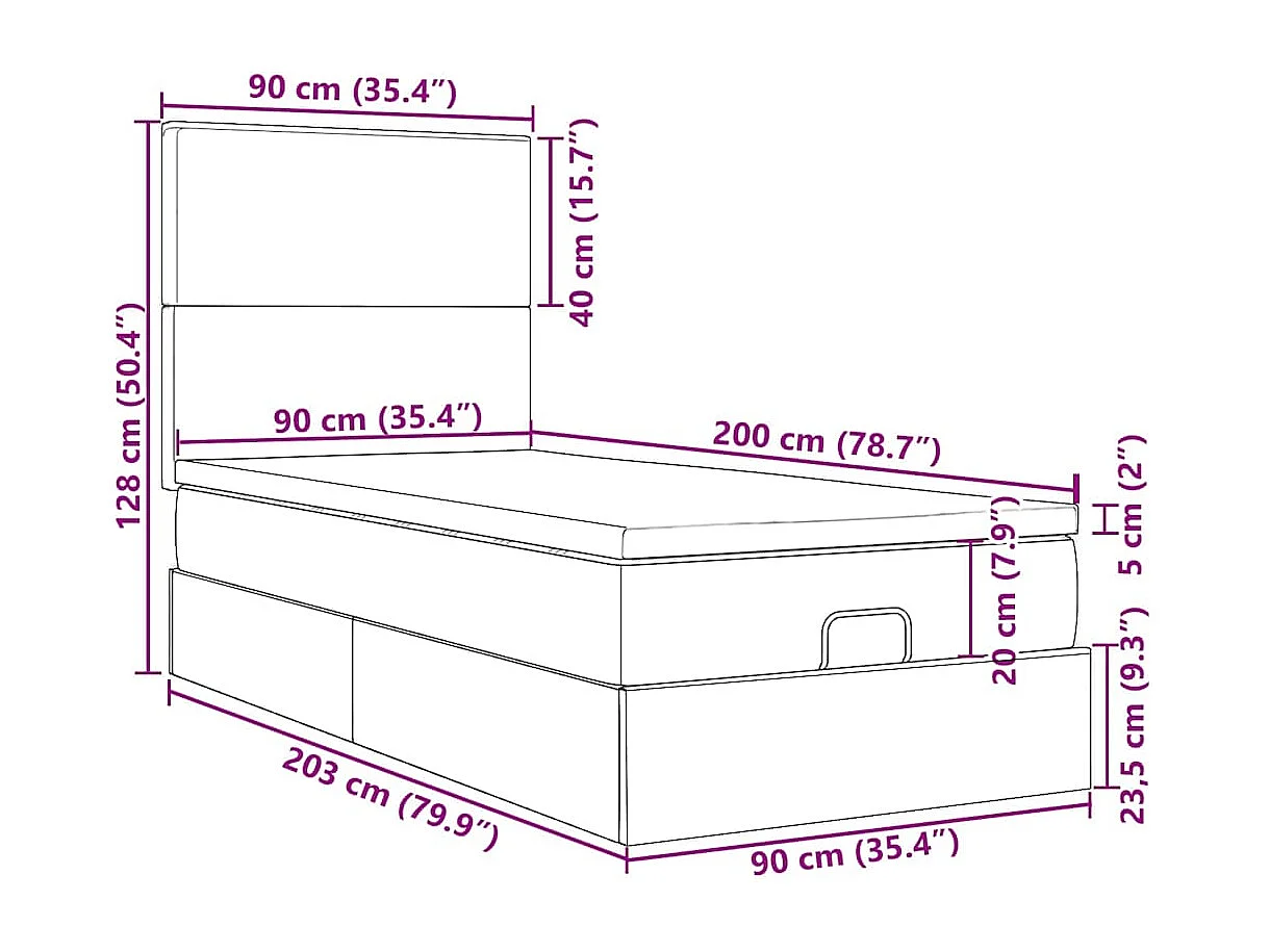 Cadre de lit ottoman avec matelas noir 90x200 cm tissu