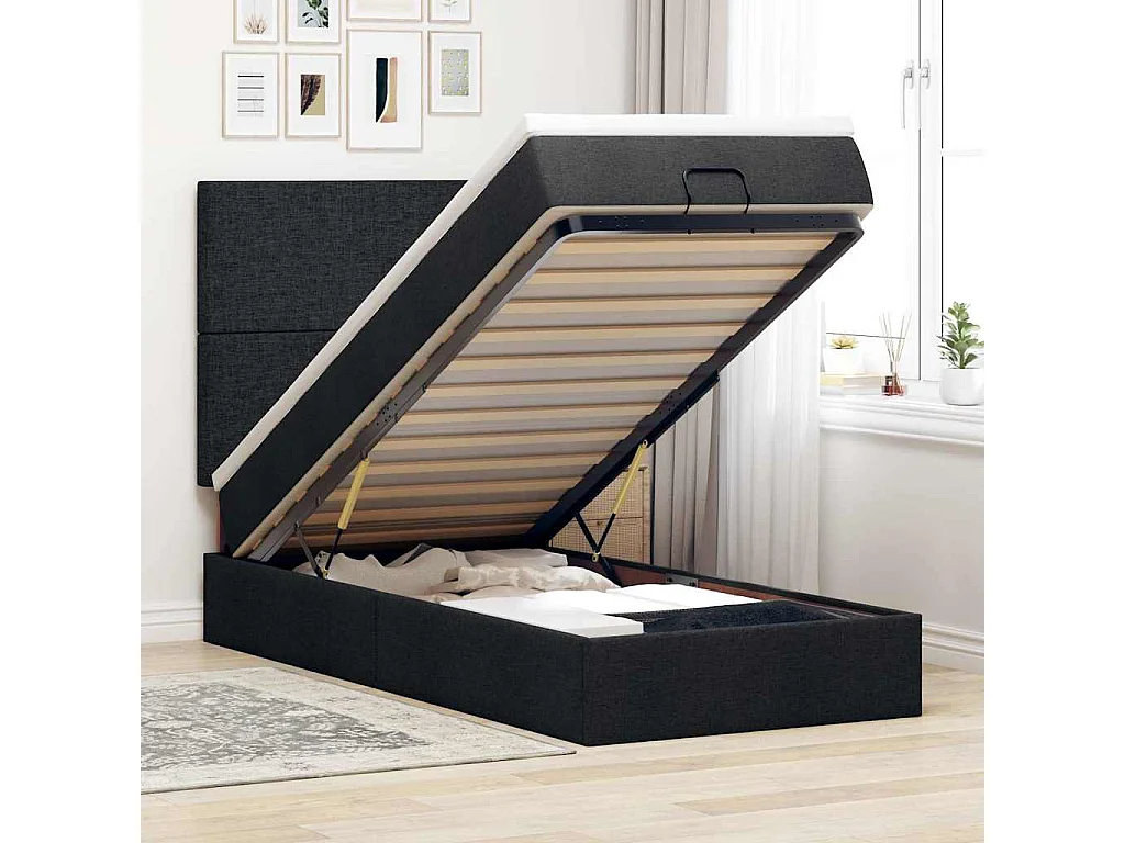 Cadre de lit ottoman avec matelas noir 90x200 cm tissu