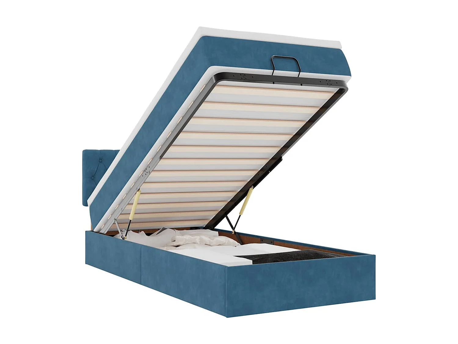 Estrutura cama otomana com colchão azul escuro 90x190cm veludo