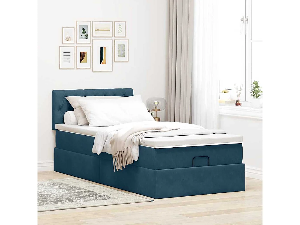 Estructura de cama otomana con colchón terciopelo azul oscuro