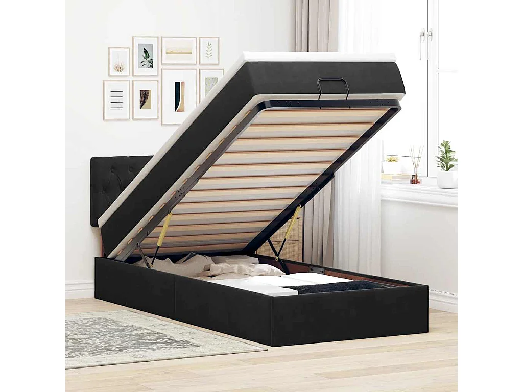 Cadre de lit ottoman avec matelas noir 90x200 cm velours
