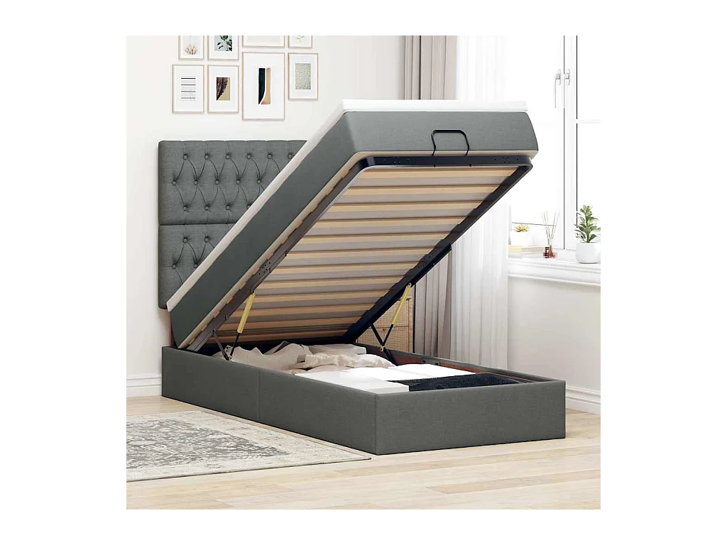 Lit ottoman avec matelas et LED gris foncé 90x200 cm tissu