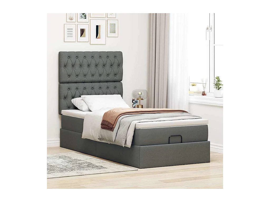 Lit ottoman avec matelas et LED gris foncé 90x200 cm tissu