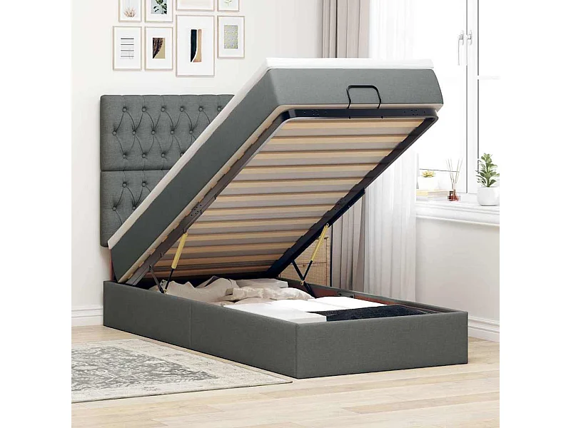 Cama otomana con colchón y LED tela gris oscuro 90x200 cm