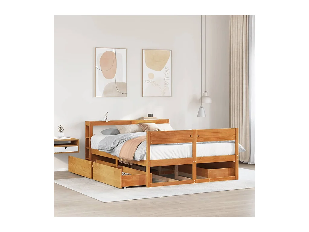 Cama sin colchón madera maciza de pino marrón cera 160x200 cm