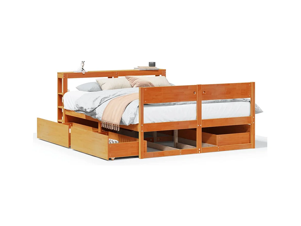 Cama sin colchón madera maciza de pino marrón cera 160x200 cm