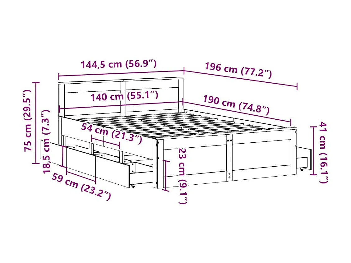 Cama con cabecero sin colchón madera maciza blanca 140x190 cm