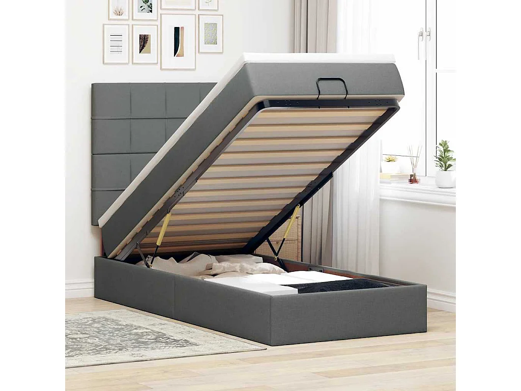 Lit ottoman avec matelas et LED gris foncé 90x200 cm tissu