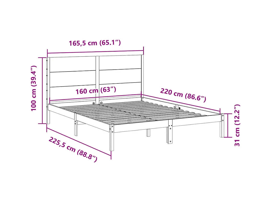 Cadre de lit extra long sans matelas 160x220 cm bois massif