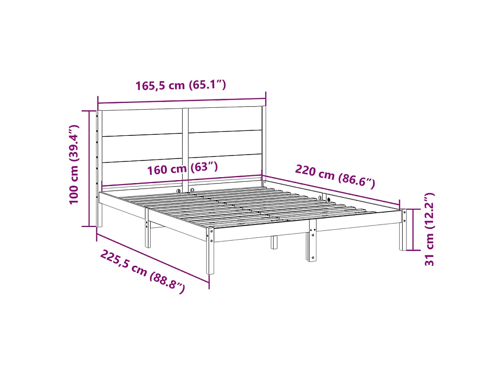 Bedframe extra lang zonder matras massief hout 160x220 cm