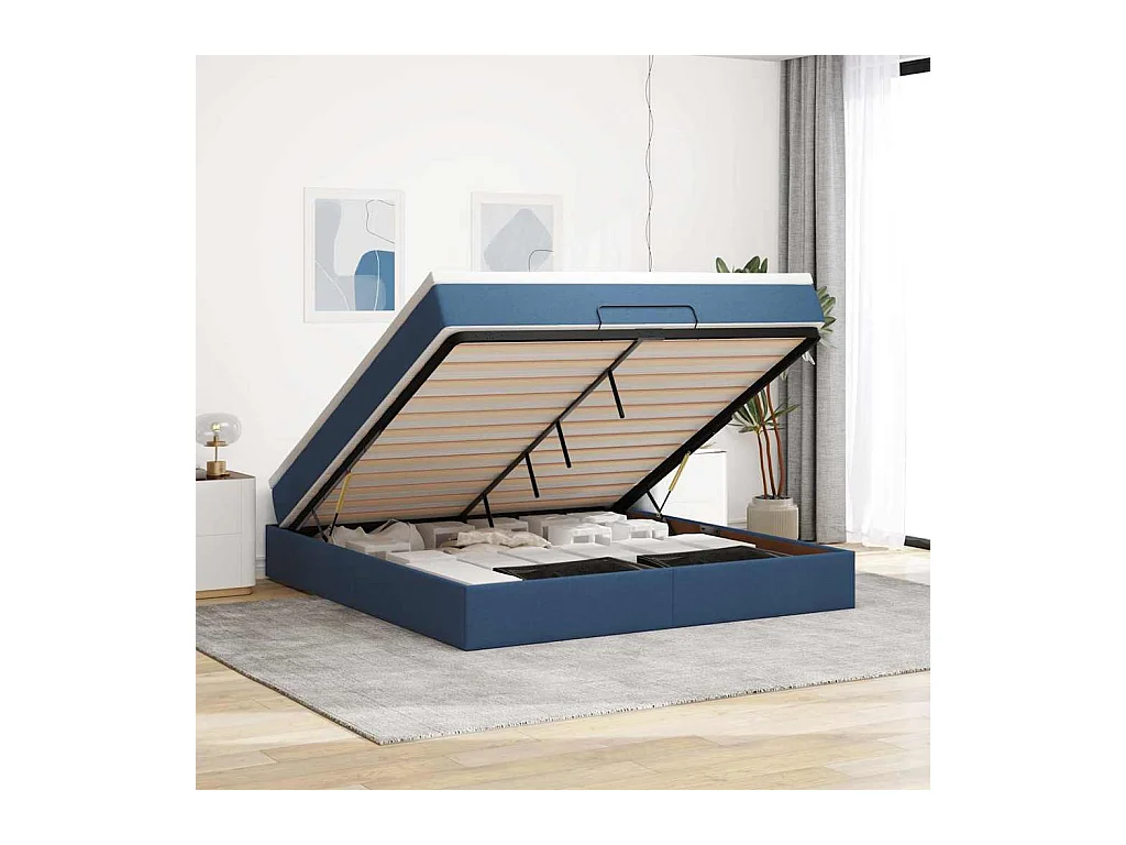Cadre de lit ottoman avec matelas bleu 160x200 cm tissu