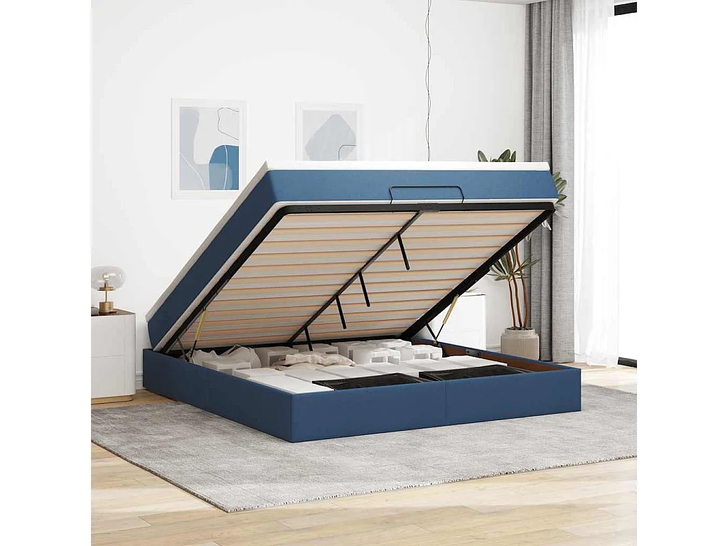 Cadre de lit ottoman avec matelas bleu 160x200 cm tissu