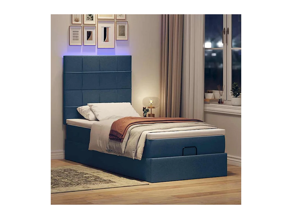 Ottoman-Bett mit Matratze & LEDs Blau 90x190 cm Stoff