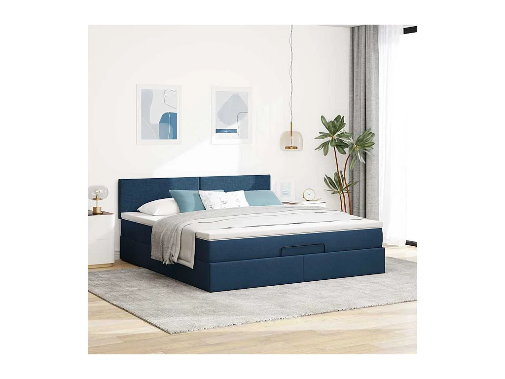Cadre de lit ottoman avec matelas bleu 160x200 cm tissu