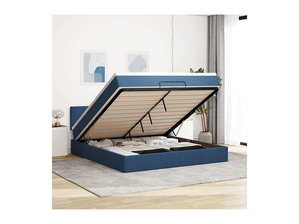 Cadre de lit ottoman avec matelas bleu 160x200 cm tissu