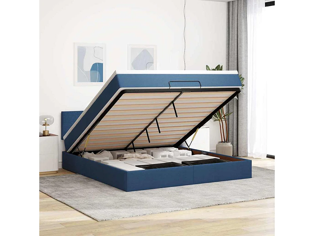Cadre de lit ottoman avec matelas bleu 160x200 cm tissu