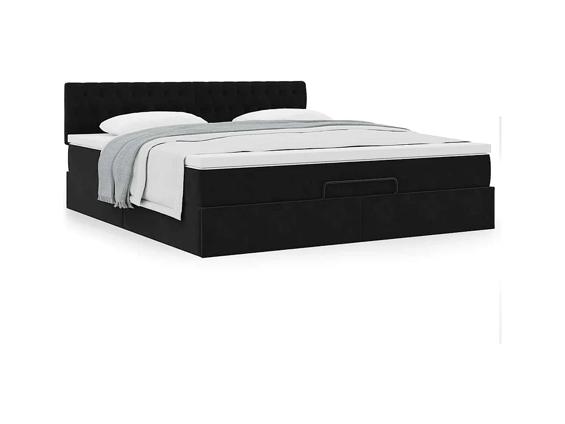 Struttura Letto Pouf con Materasso Nero 160x200 cm in Velluto