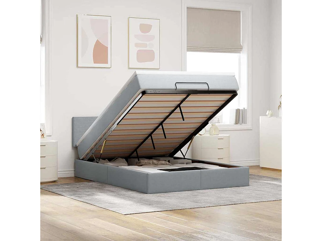 Lit ottoman avec matelas gris clair 140x190 cm tissu