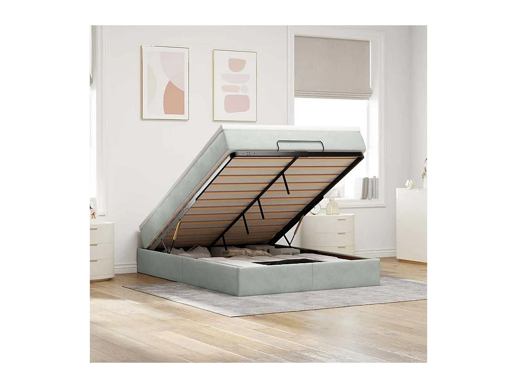 Cadre de lit ottoman et matelas gris clair 140x190 velours