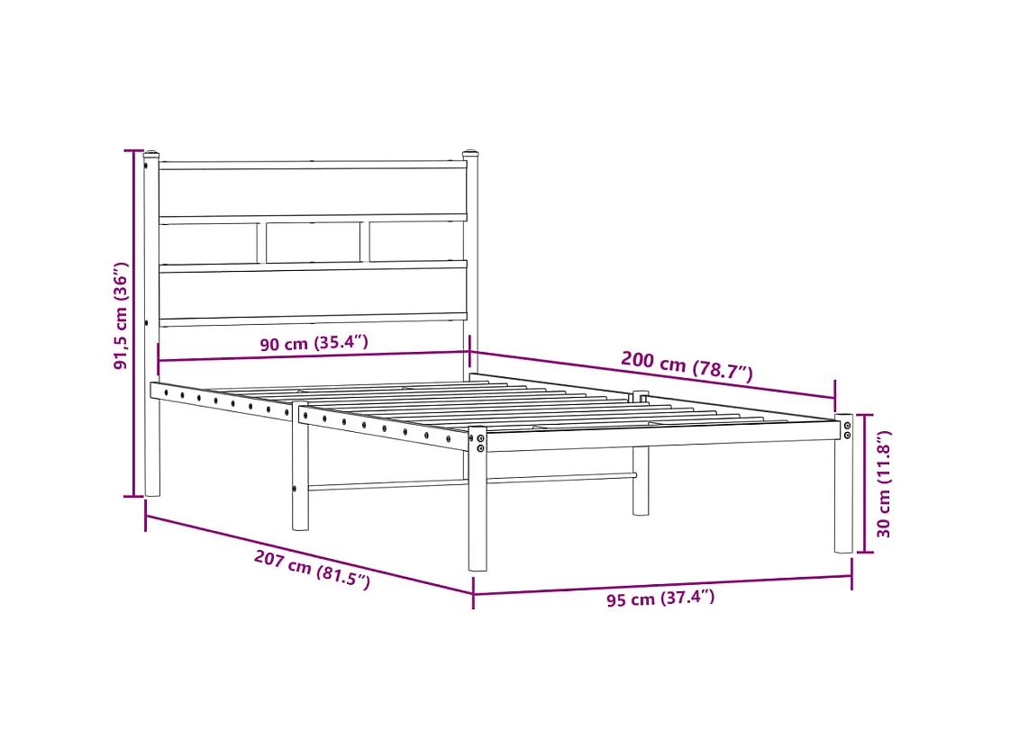 Cadre de lit en métal sans matelas chêne fumé 90x200 cm