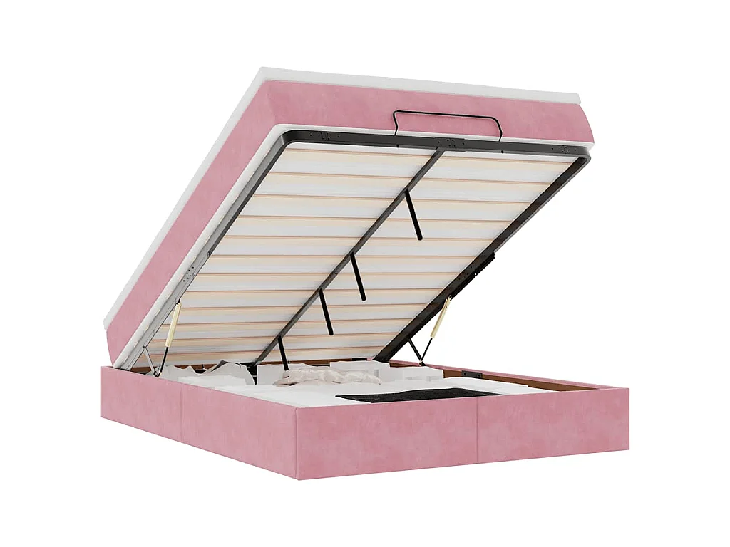 Estructura cama otomana con colchón terciopelo rosa 140x190 cm