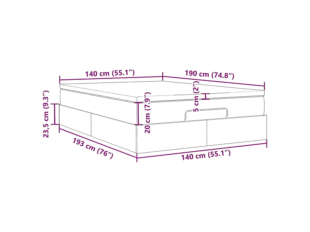 Estructura cama otomana con colchón terciopelo rosa 140x190 cm