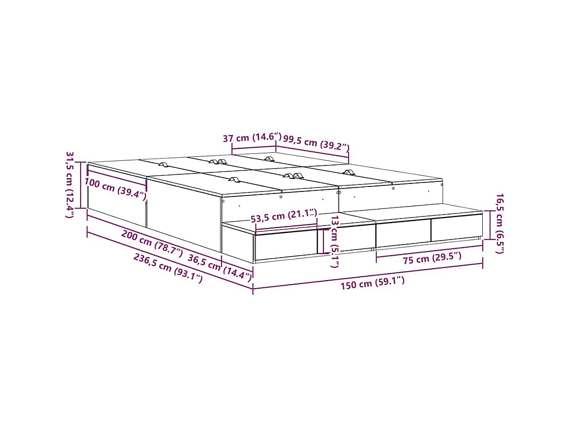 Cadre de lit avec rangement avec tiroir Chêne Sonoma 150 cm